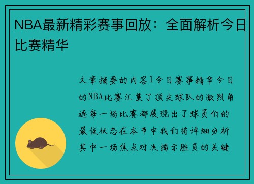 NBA最新精彩赛事回放：全面解析今日比赛精华