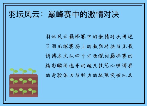 羽坛风云：巅峰赛中的激情对决